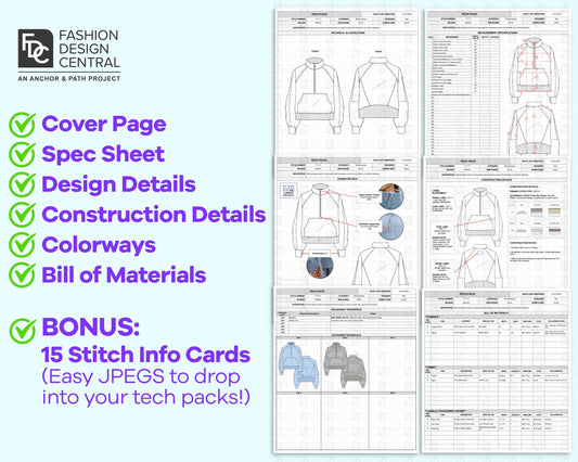 Excel Tech Pack Template for Fashion Designers | Includes Bonus Stitch Cards