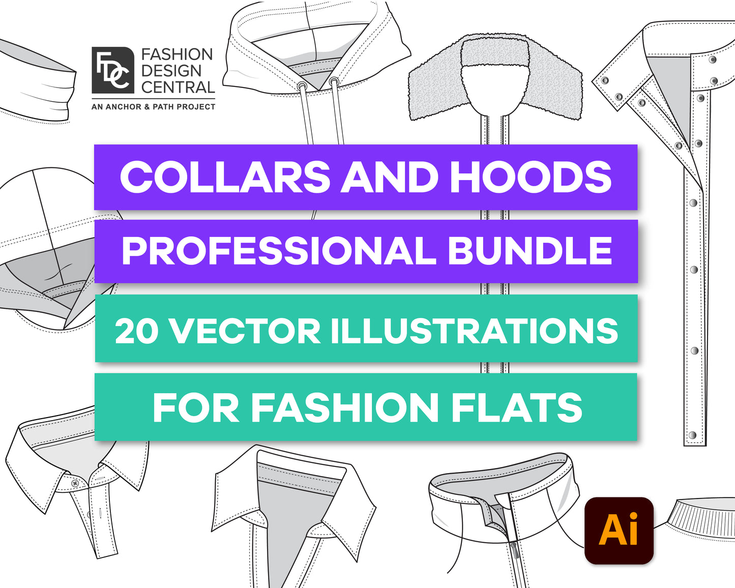 20 Collars & Hoods for Adobe Illustrator | Professional Bundle for Fashion Flats