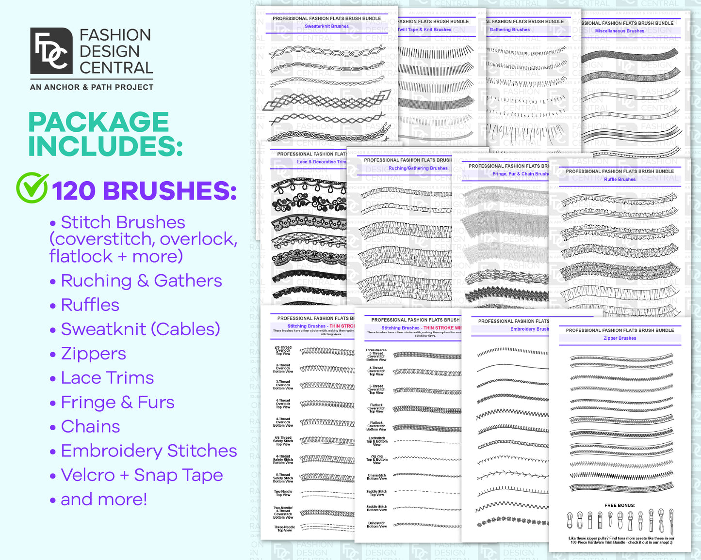 120 Professional Adobe Illustrator Brushes for Fashion Design | For Fashion Flats & Tech Packs