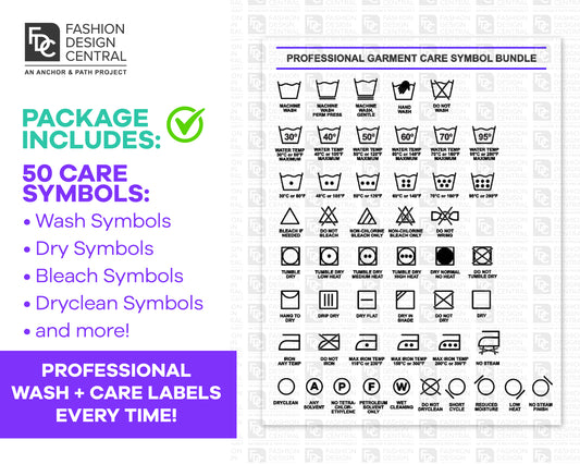 Garment Care Symbols Bundle | 50 Professional Symbols for Garment Care Labels and Tags