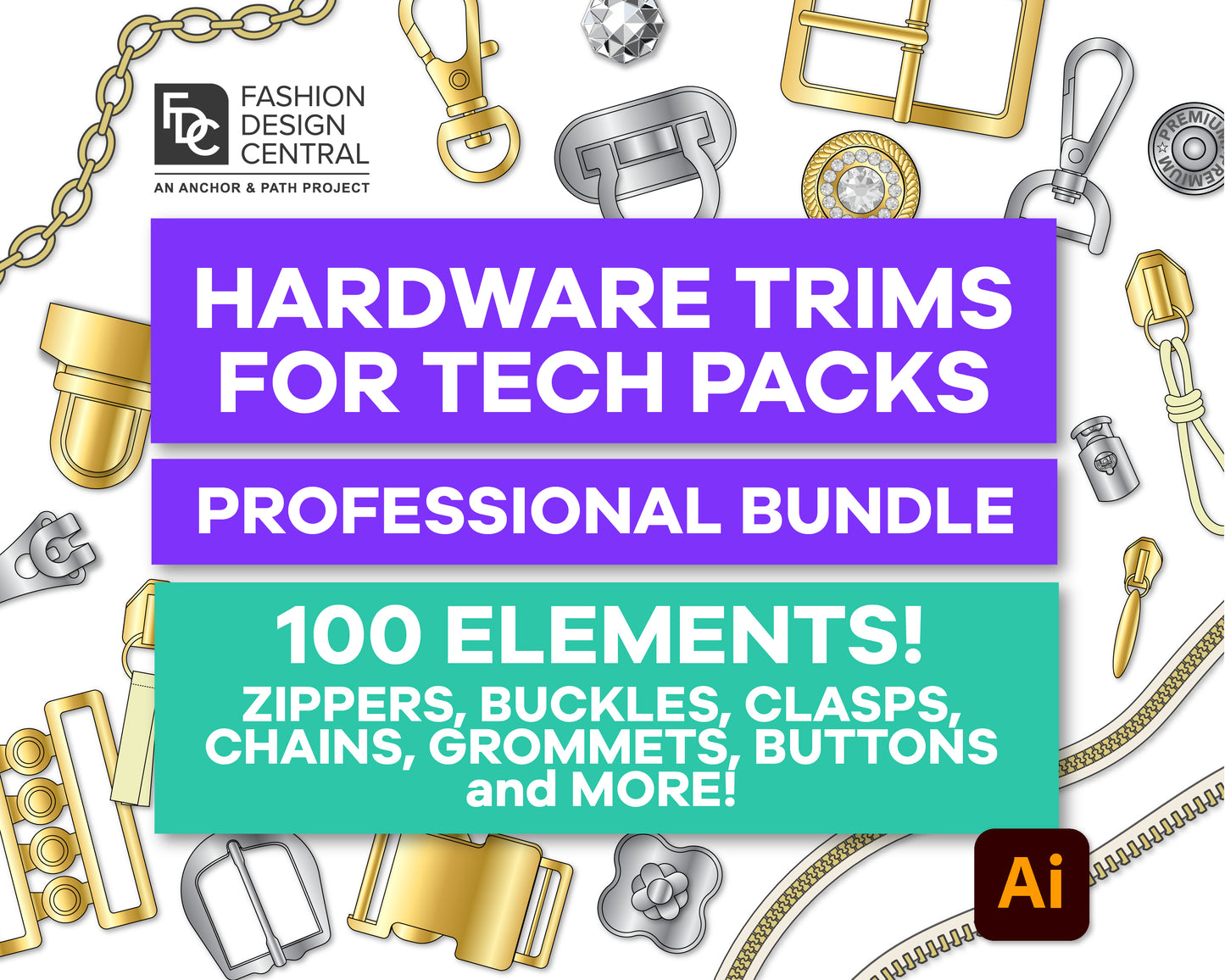 100-Piece Professional Fashion Hardware Trim Bundle for Adobe Illustrator