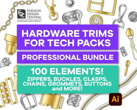 100-Piece Professional Fashion Hardware Trim Bundle for Adobe Illustrator