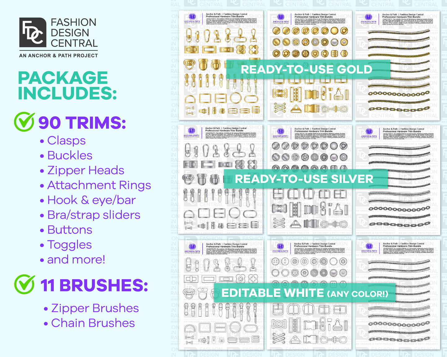100-Piece Professional Fashion Hardware Trim Bundle for Adobe Illustrator