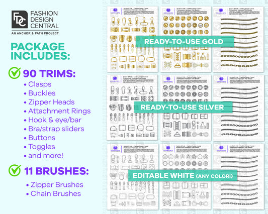 100-Piece Professional Fashion Hardware Trim Bundle for Adobe Illustrator
