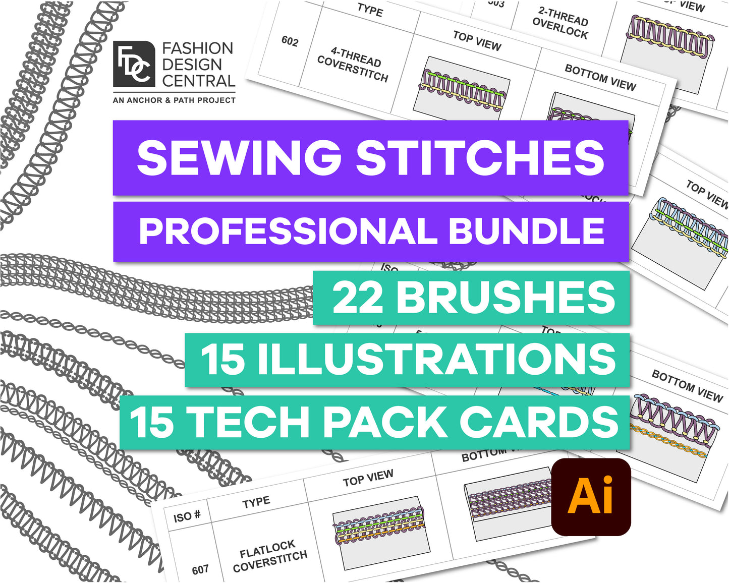 22 Professional Stitch Brushes & 15 Technical Stitch Drawings for Adobe Illustrator