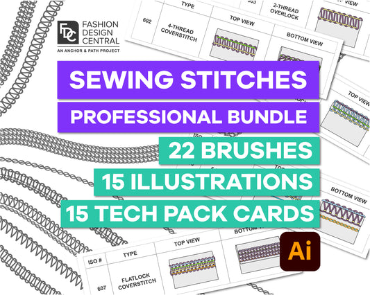 22 Professional Stitch Brushes & 15 Technical Stitch Drawings for Adobe Illustrator