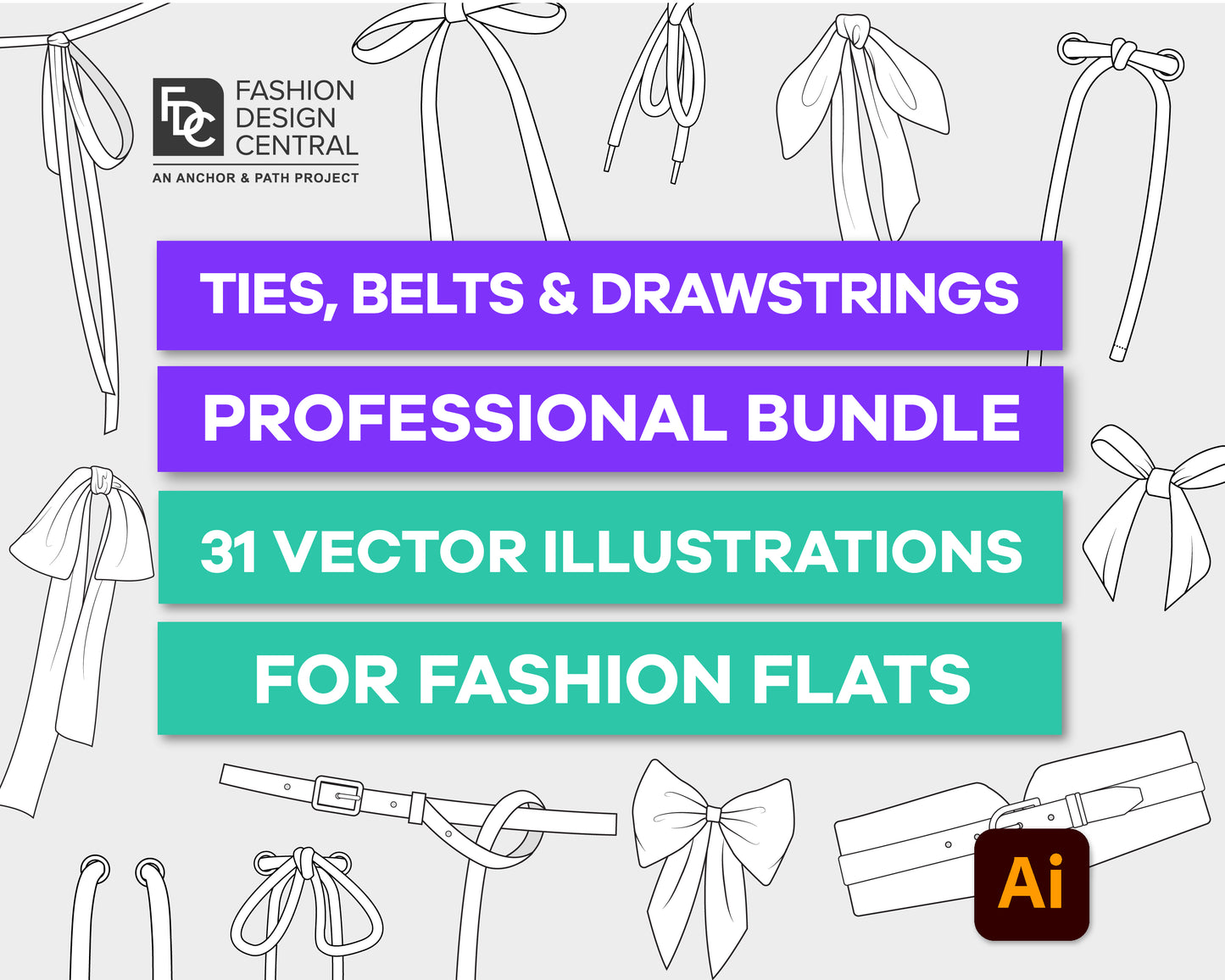 31 Ties, Drawstrings & Belts for Adobe Illustrator | Professional Bundle for Fashion Flats