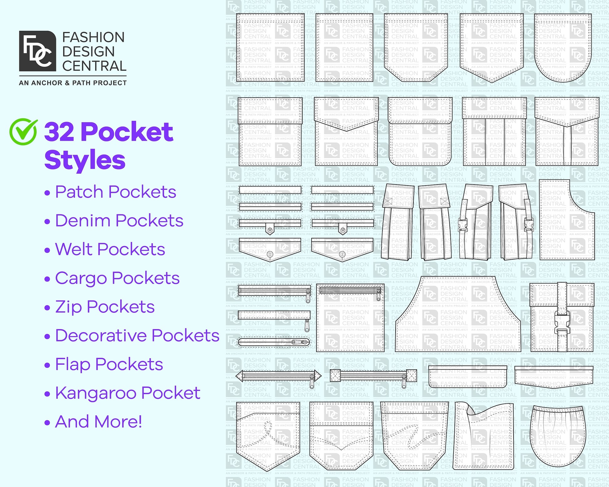 Design For Pockets 32 Pocket Styles for Adobe Illustrator | Professional Pocket Bundle ...