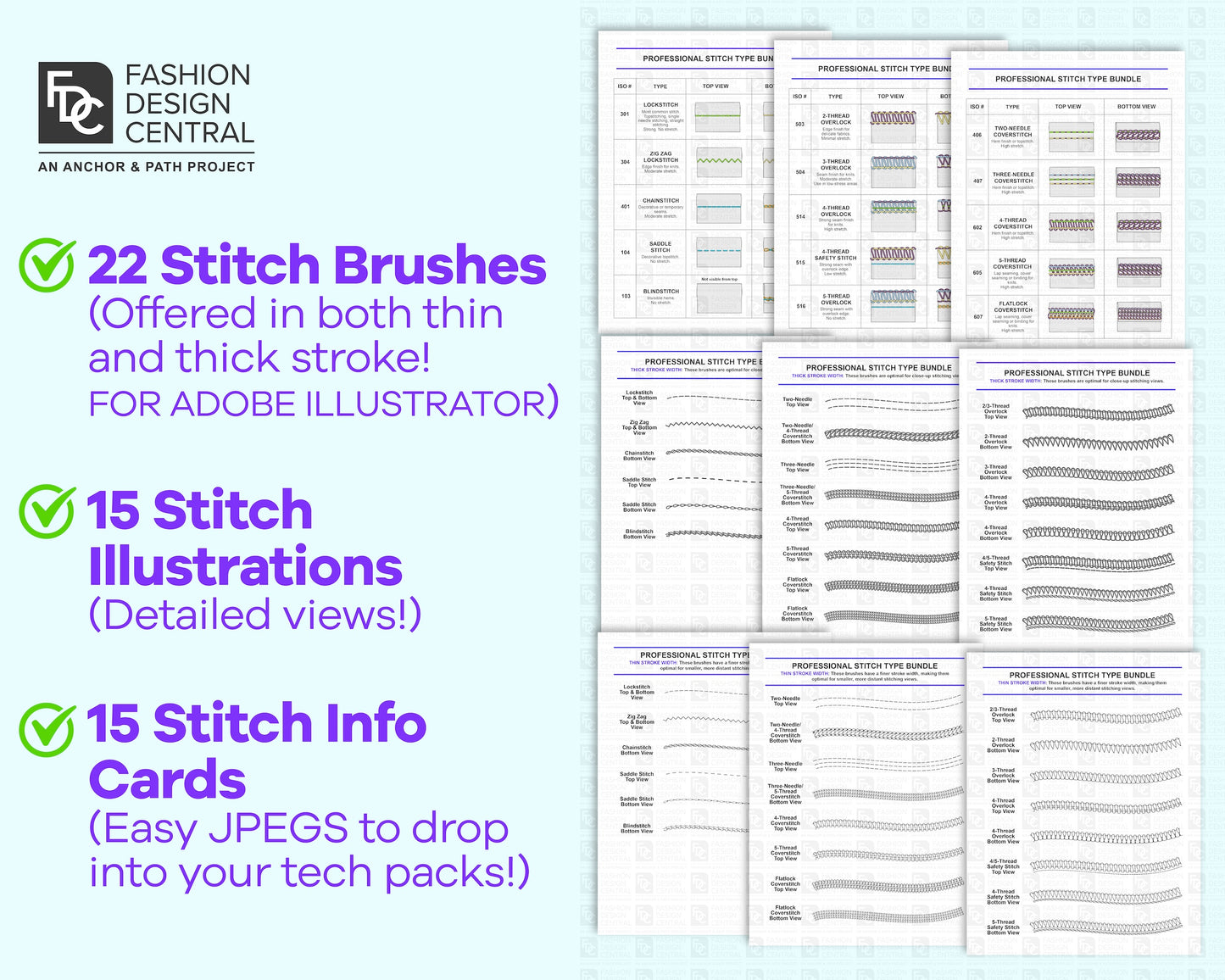 22 Professional Stitch Brushes & 15 Technical Stitch Drawings for Adobe Illustrator