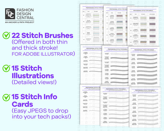 22 Professional Stitch Brushes & 15 Technical Stitch Drawings for Adobe Illustrator