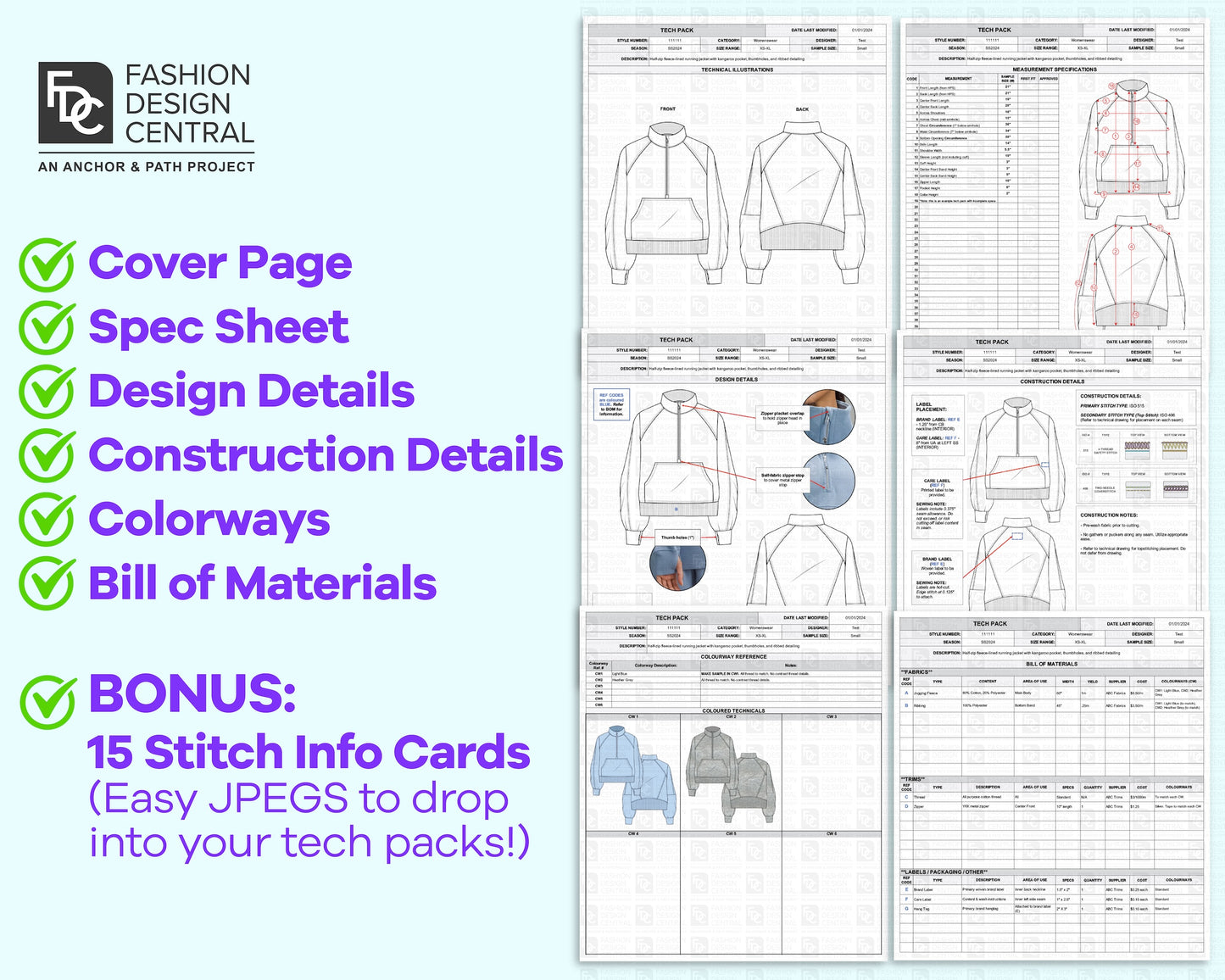 Excel Tech Pack Template for Fashion Designers | Includes Bonus Stitch Cards